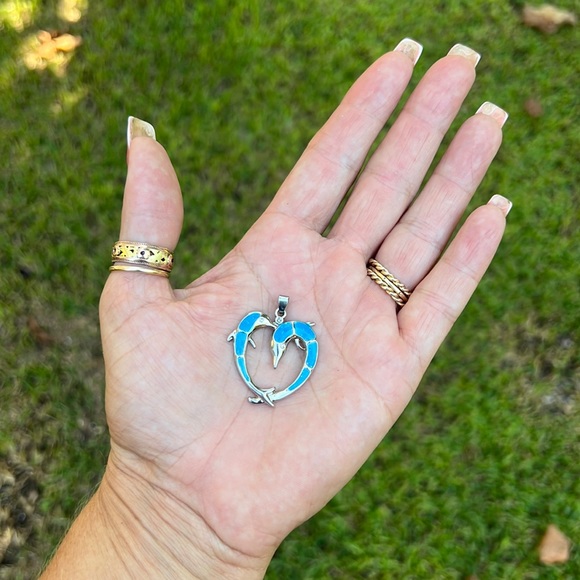 Faux Blue Opal Double Dolphin Heart Pendant 👠 - Picture 4 of 17